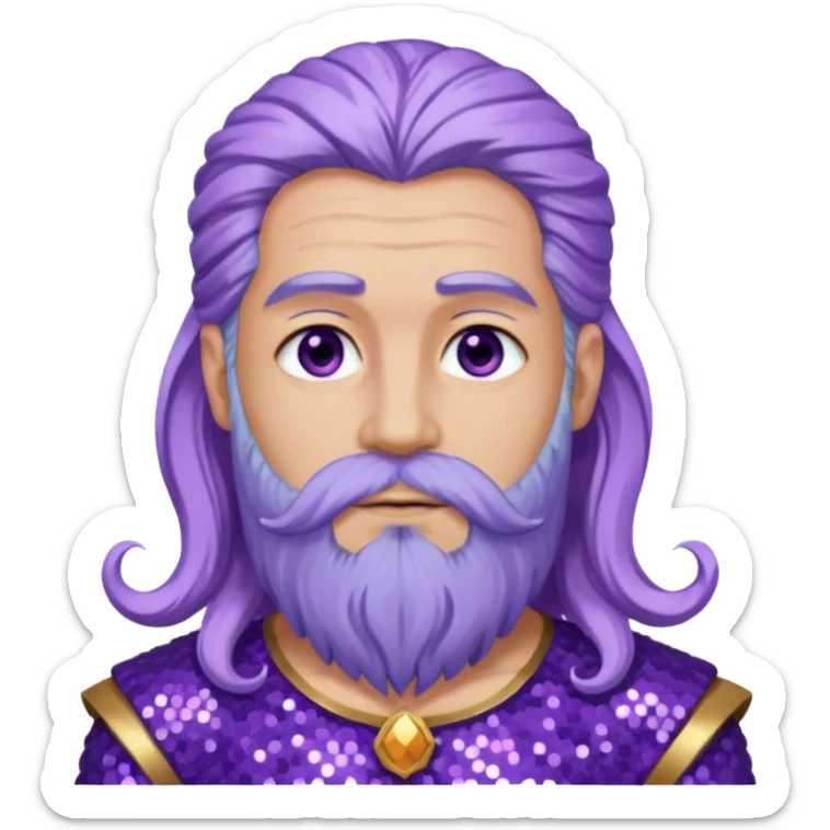 Jupiter from Ancient Gods with lilac skin, long periwinkle hair and beard, purple sequin outfit sticker