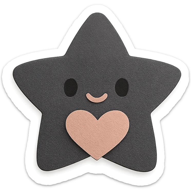 Adorable pastel black star holding a tiny pastel heart, no arms or legs, full body, transparent background, kawaii paper craft style. sticker