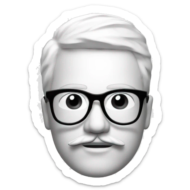 mannequin head of a man with a mustache, he wears black glasses, on a white background, the picture is black and white, and his head is standing straight sticker