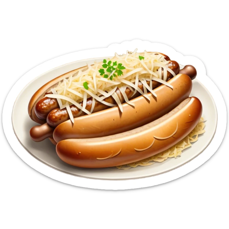 Bratwurst Cinematic Realistic Bratwurst Dish Emoji, depicted as a grilled bratwurst topped with a generous serving of shredded sauerkraut, rendered with rich textures and dynamic, appetizing lighting. sticker