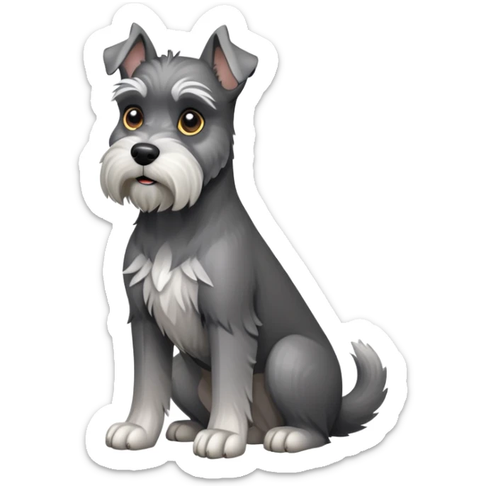 cinematic-[schnauzer]-realistic-full-body-sitting-emoji,-tail-resting-loosely-beside-its-paws,white eyes-head-tilted-dramatically, -sleek-[grey]-fur,-simplified-yet-realistic-focused-features,-highly-detailed,-glowing-with-an-almost-sarcastic-glow sticker