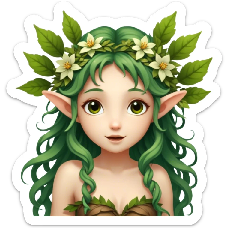 Cinematic Realistic Forest Nymph Fairy Portrait, head tilted playfully and inquisitively, showcasing a nature-inspired form with intricately detailed, sunlit tanned skin and cascading hair interlaced with leaves and blossoms. Her bright, curious eyes sparkle with forest mischief, rendered with lifelike clarity and warm, dappled lighting that captures the spirit of an enchanting woodland fairy ready to dance among the trees. sticker