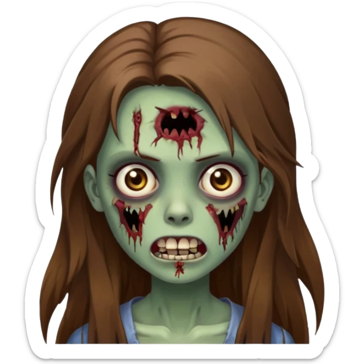 Girl zombie with brown long hair with teeth and serious face IOS style sticker
