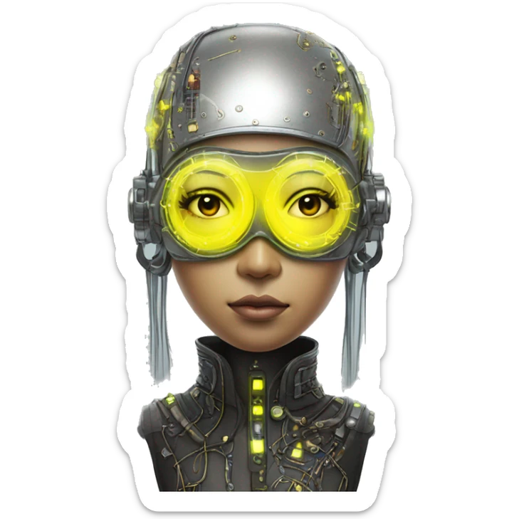 Neon yellow bobbed hair Asian female cyborg head with silver steampunk goggles and circuits sticker