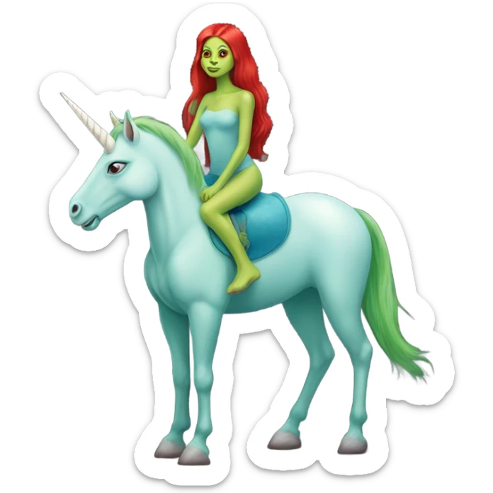[politically incorrect
	{ woman: alien, color: light green, hair:red, eyes:cat} ]
	on a 
	[{ unicorn: white, legged:four, mane: light blue }] sticker