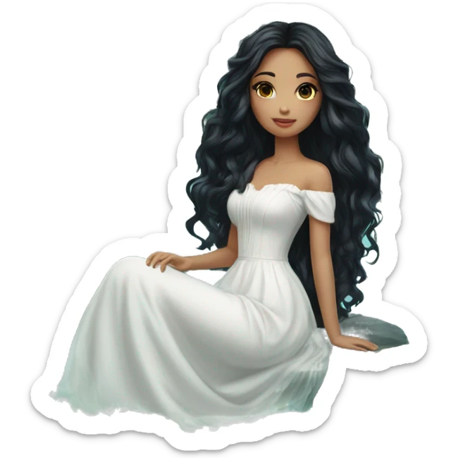 Pretty young Lady doll posing posed pose with long black hair flowers in hair white dress surrounded by flowing water sticker