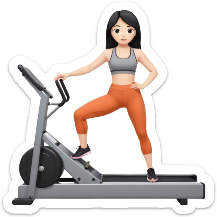 Fair-skinned black hair girl wearing grey workout set in leggings and bra doing pilates on a reformer sticker