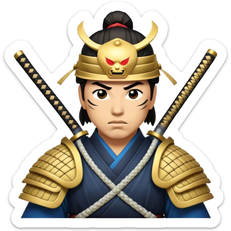 Cinematic Realistic Samurai Pop Culture Emoji, depicted with a noble, stoic portrayal of a samurai warrior rendered with crisp detail and dramatic, traditional lighting. sticker