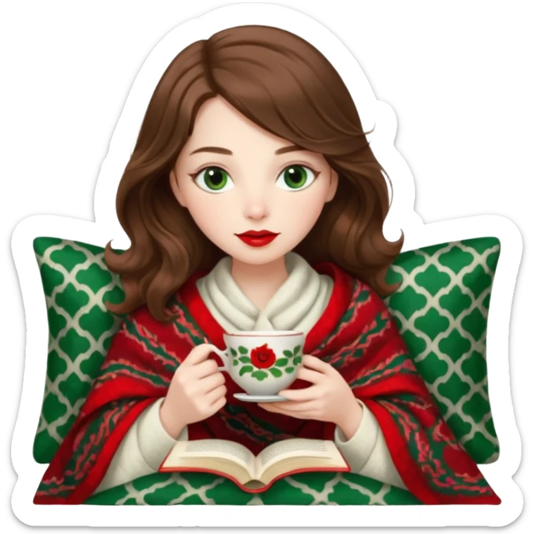 Long wavy brown haired, white skinned, dark green eyed girl with red lipstick wrapped in a blanket, sipping tea and reading a book sticker