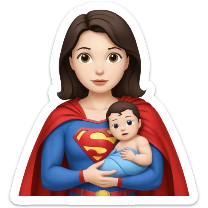 mother white skin brunette dressed as Superman with a cape holding a baby sticker