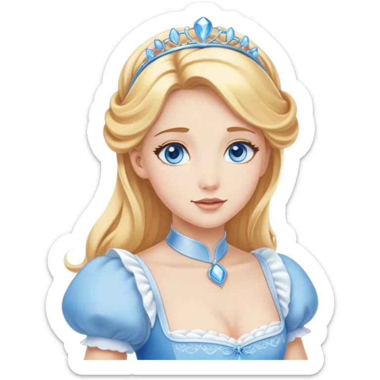 Cinematic Elegant Cinderella Portrait Emoji, Graceful and poised in her classic maid attire, golden locks cascading softly, bright blue eyes full of hope, a gentle glow of kindness and determination, delicate and humble yet undeniably beautiful, evoking the moment before her magical transformation, pure enchantment in her gaze! sticker