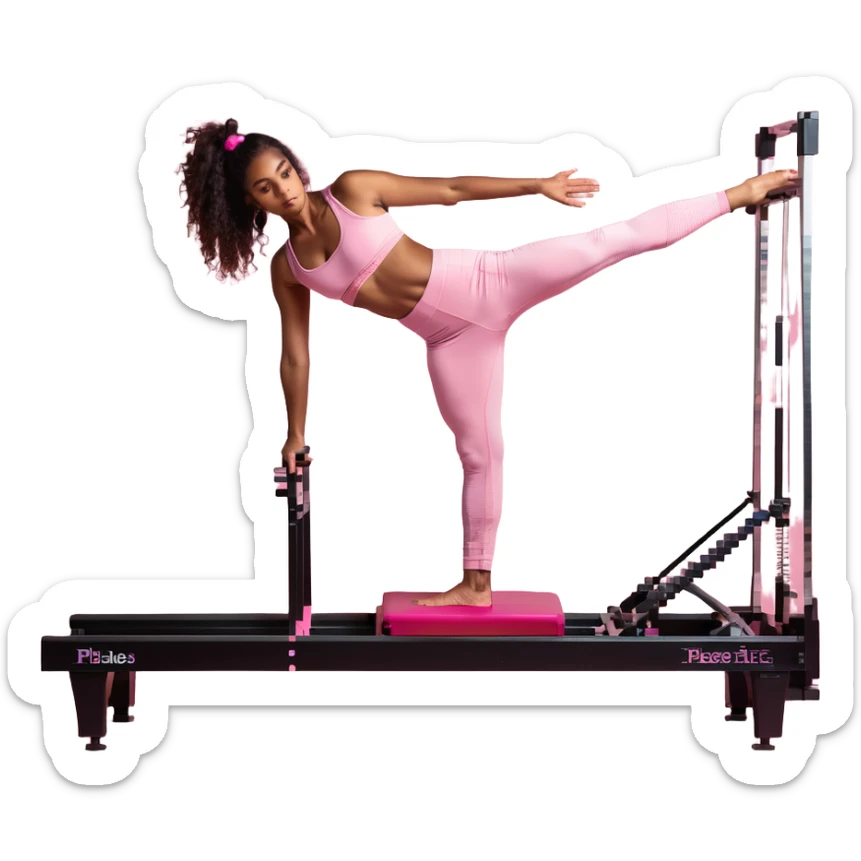 Brown girl in pink outfit on pink reformer pilates sticker