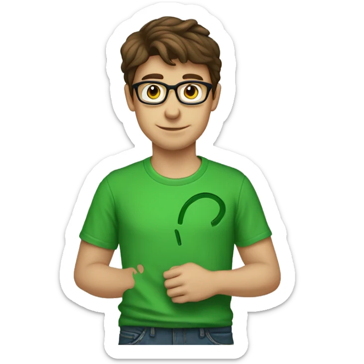 male nerd brown hair heart with hand using green t-shirt sticker