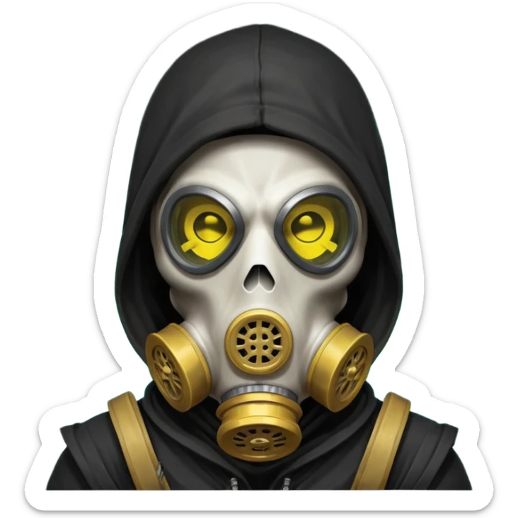 skeleton wearing a gas mask portrait, head and shoulders only, dark hood, glowing eyes inside mask, post-apocalyptic vibe, 3D cartoon, mobile game icon style, clean background, no text, no watermark
 sticker