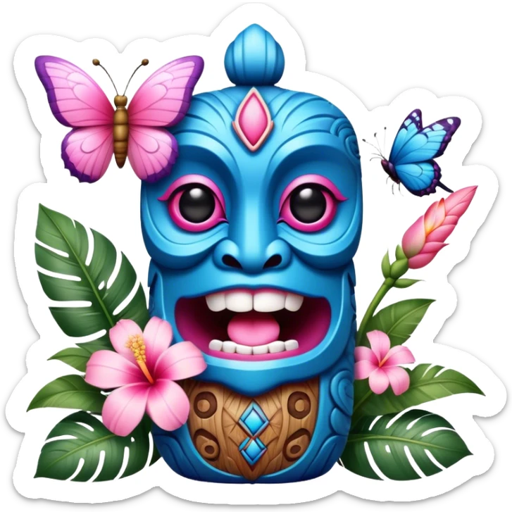 Pixar style little Blue and pink tiki singing with a butterfly and tropical flowers, ultra detailed and lifelike imagery, realistic sticker