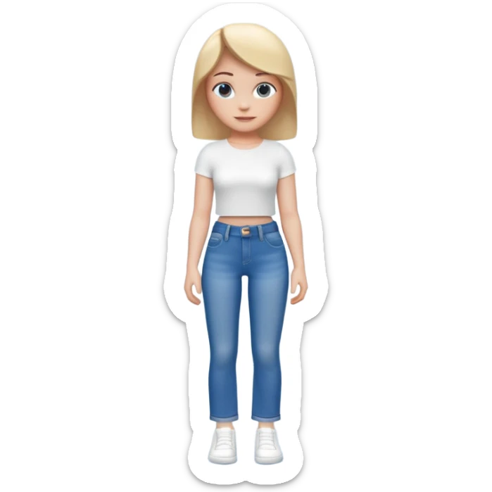 A 3D cartoon casual outfit with blue jeans and a top laid flat, clean surface, bright daylight, realistic Memoji-style. sticker