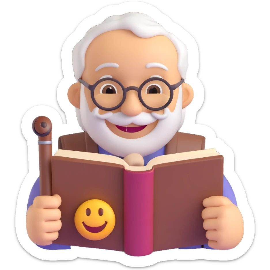 3D smiley emoji, round shape, grandfather with a pipe and a book, brown color, smiling face sticker