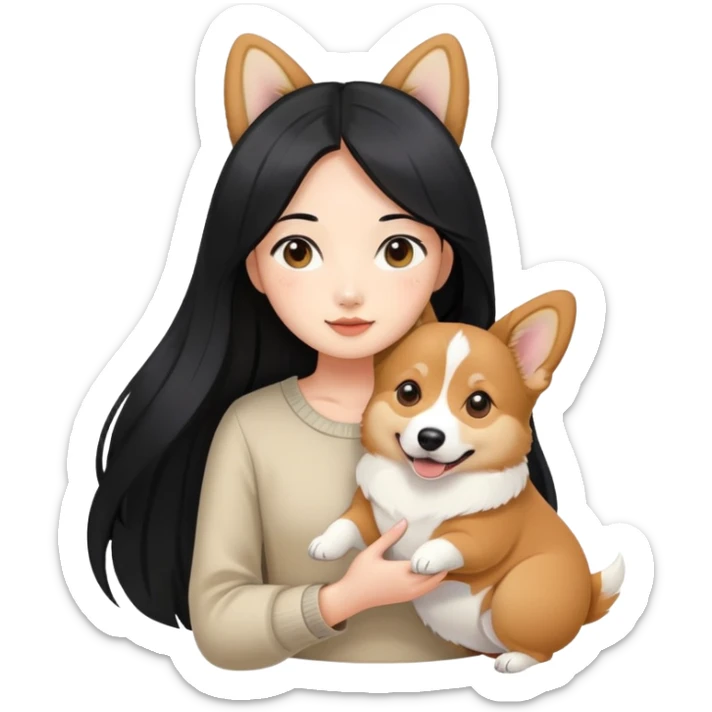 Asian girl with long black hair holding her corgi sable color sticker