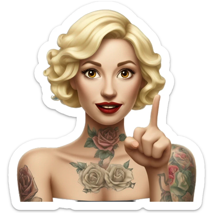 Blonde elegant women, her Body Covered with Tattoos, POINTING to YOU FORWARD with her ONE HAND , Hyper realistic sticker
