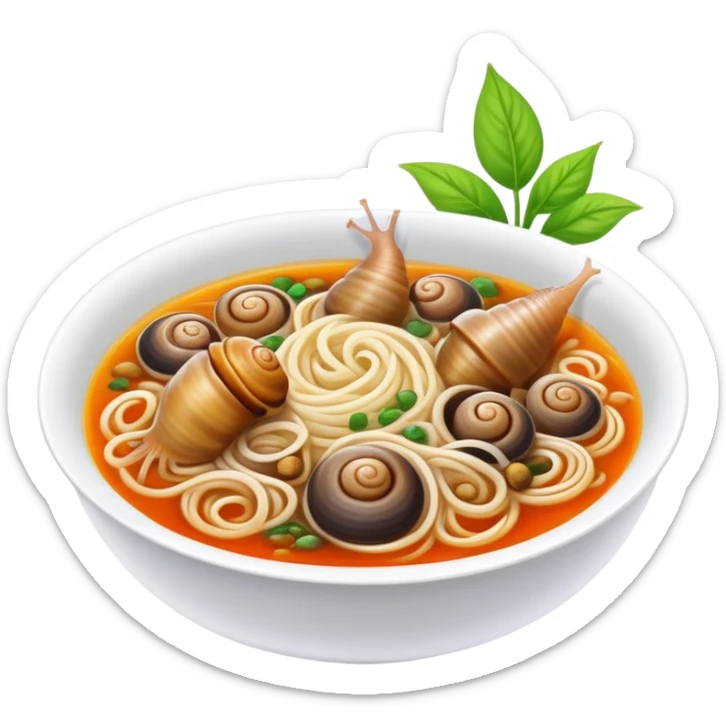 Liuzhou Snail Rice Noodles spicy soup with river snails, simplified emoji style with bold outlines and bright colors, cartoon style Guangxi specialty food sticker