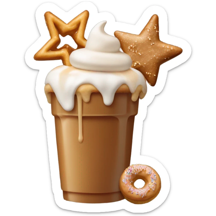 a caramel toffee shake topped with a toffee donut hole, gold star marshmallow, toffee covered pretzel and macadamia nut cookie sticker