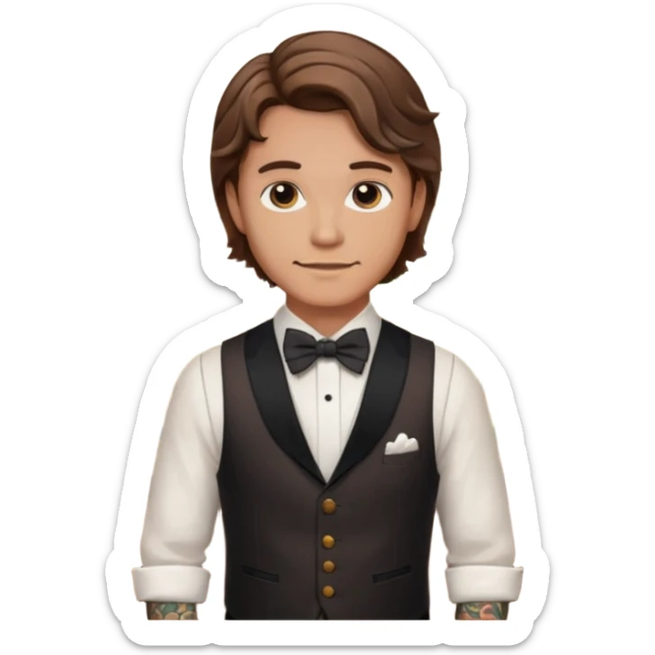 a bartender man with bow tie and vest, having brown wavy hair and tattoo 















 sticker
