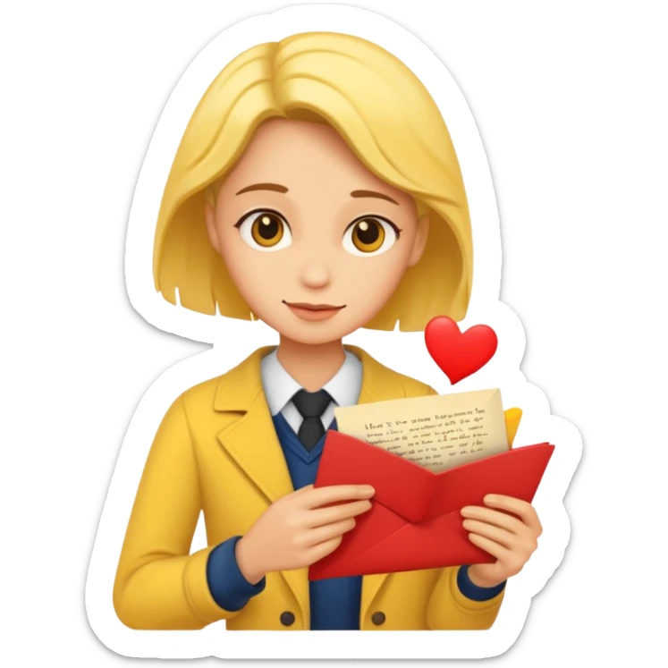 a romance novelist, romantic, dizzy, yellow tone skin, with a love letter sticker
