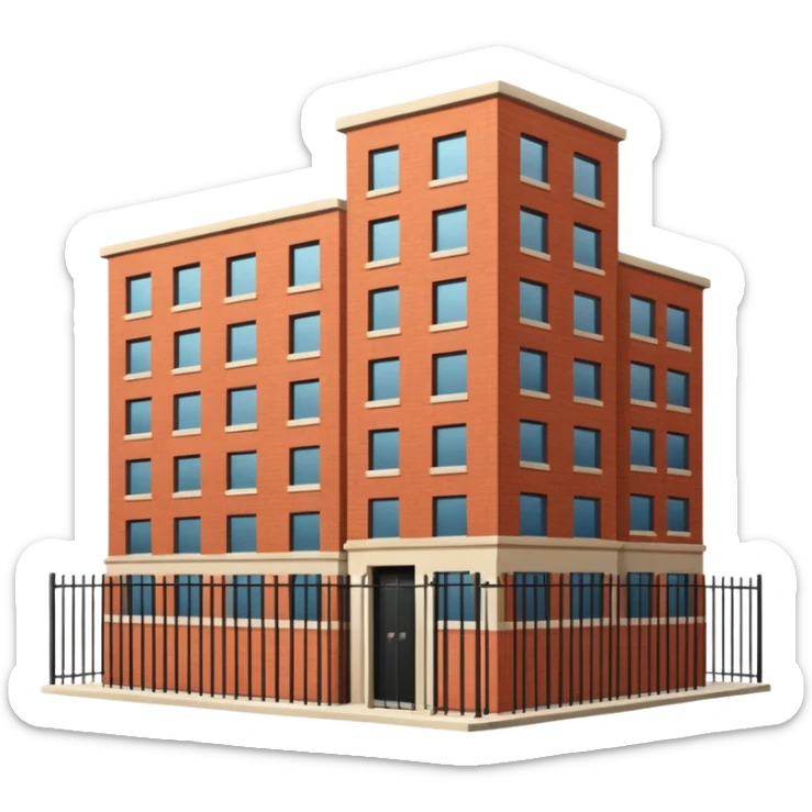 9-story apartment building surrounded by fence, closed courtyard, minimal flat vector icon sticker