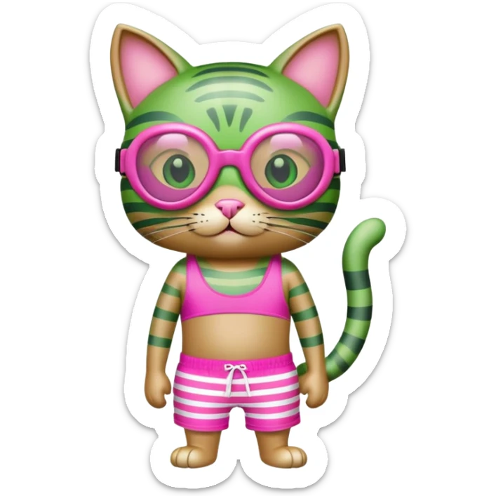 Green cat wearing pink scuba goggles and striped swim shorts sticker