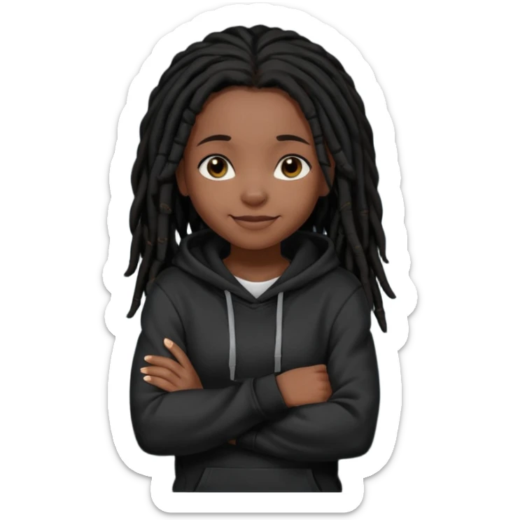 African American girl with black dreadlocks wearing a plain black hoodie with her arms folded across her chest sticker