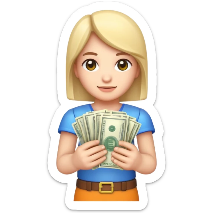 emoji style icon, minecraft blocky character holding a stack of money, pixel art style, bright colors, simple background, 3D glossy emoji, centered composition, soft shadow, high detail, clean outline, white background sticker