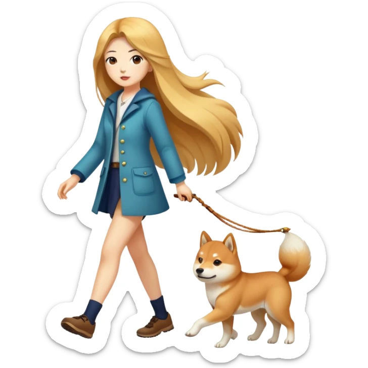 Long-haired beautiful girl walking the Shiba Inu sticker