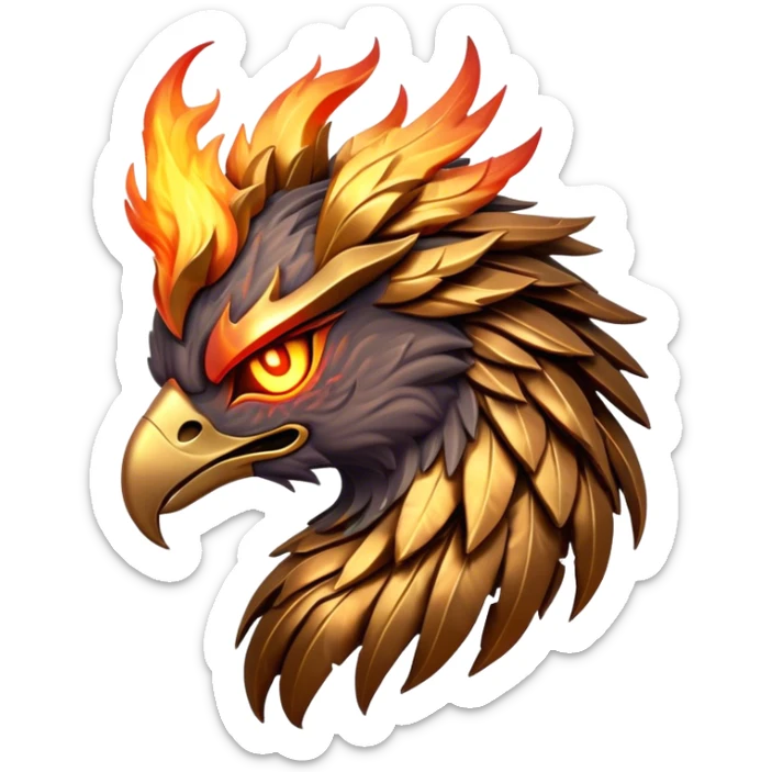 Cinematic Battle-Hardened Mystical Fire Phoenix Portrait Emoji, head bowed slightly in a moment of raw resilience, revealing a form etched with the wear of relentless conflict. Ragged, scorched plumage and half-closed, determined eyes speak to battles fought and won. Rendered with authentic detail and dramatic natural light that accentuates every scar and burn, high shine, this portrayal blends vulnerability with hardened strength, outlined in a soft glow that captures the essence of a phoenix tempered by the fires of combat. sticker