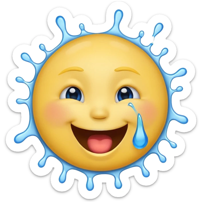 Emoji, yellow round laughing face, open mouth with Splashing blue tears from the eyes sticker