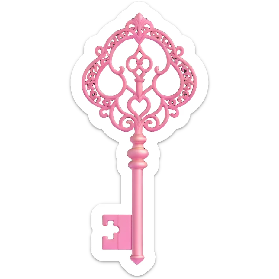 3D gothic key with ornate filigree, pink accents, metallic finish sticker