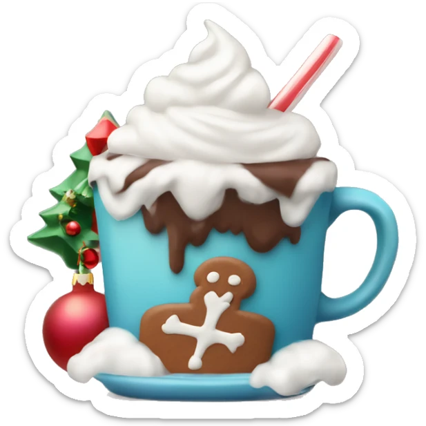 Steaming hot chocolate mug with whipped cream and Christmas decoration sticker