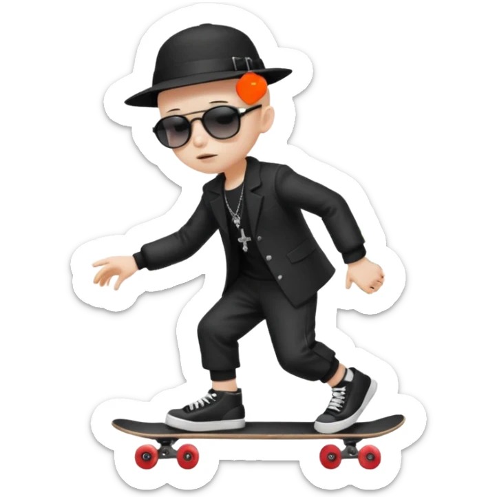 ["Ai sad boy wnith pale sgkin, bald , wearing aa sunhat a nd sunglascses, dresased in gomh fashien, is skrateboardiang while h.olding a f"lower bou]quet."] sticker