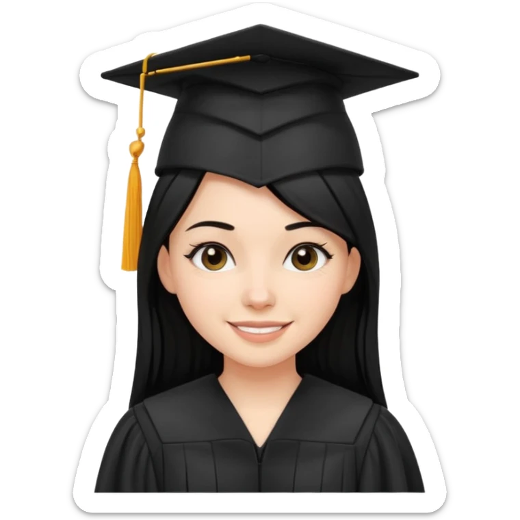 white girl with straight black hair, wearing a black graduation cap and gown, smiling sticker