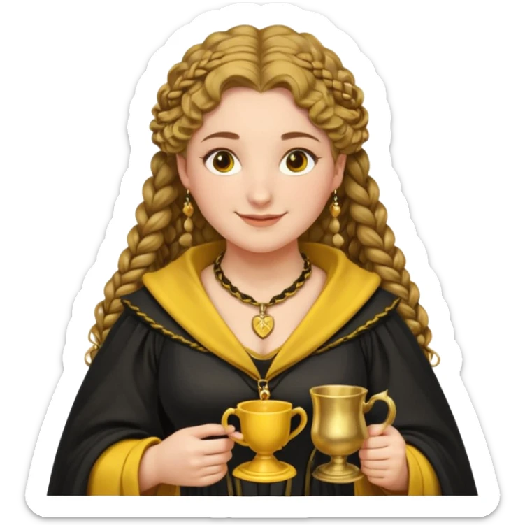 Helga Hufflepuff, 2 curly thick brown braids, yellow-black medieval dress, black cloak decorated with gold braiding, tiny two-handled shiny yellow-gold cup, very kind smile, curvy busty sweet woman, thick rosy cheeks sticker