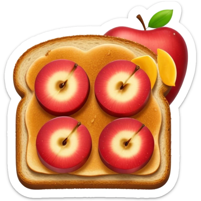 golden brown toast with red apple slices on top, emoji style, no text sticker