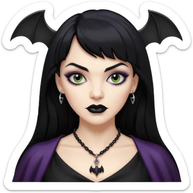 vampira mulher branca com cabelo preto longo com franja quadrada, sobrancelha grossa e lábios com batom preto com colar preto e pingente de morcego preto sticker
