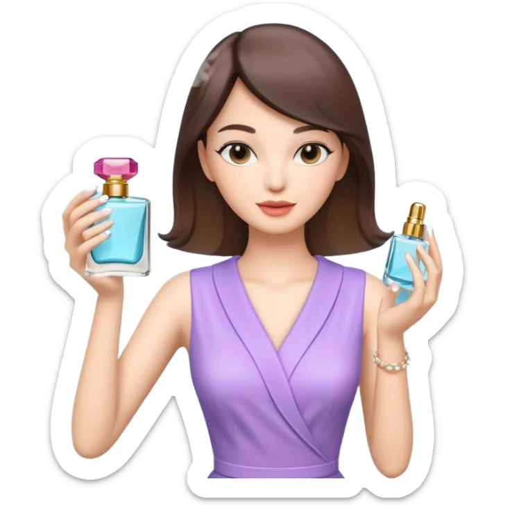 stylish woman spraying perfume, holding a perfume bottle, soft mist spray in the air, elegant pose, 3D cartoon, mobile game icon style, clean background, no text, no watermark

 sticker