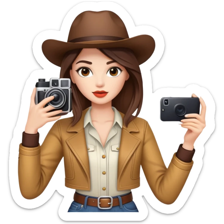 Western female fashion model posing with camera taking selfie, stylish outfit sticker