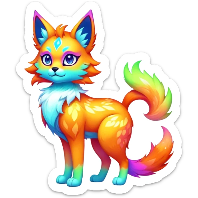 Vibrant multicolored neon-colored Falvie-Fionbri-creature-sparkle-feline-canine-hybrid-fursona, full body sticker