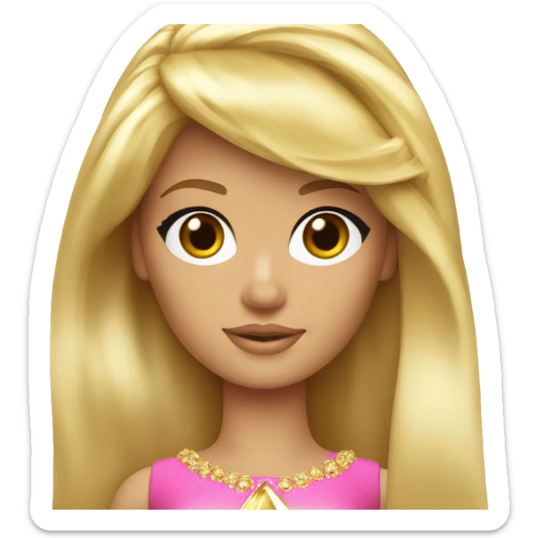Blonde Barbie with full bangs and long hair and hazel eyes wearing a gold crown sticker