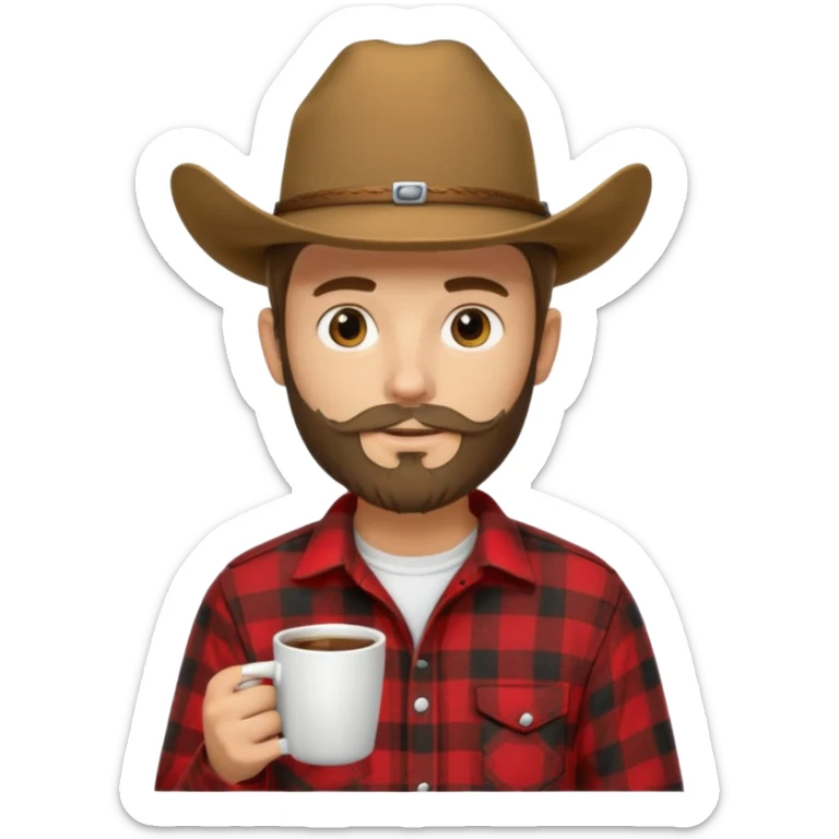 generate an ios genmoji of a 20 year old tan boy with a cowboy hat and side burn beard. Wearing a flannel and carrying a coffee mug sticker
