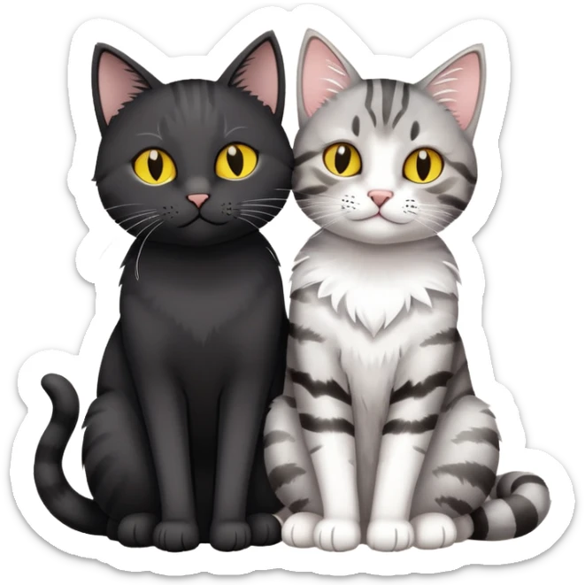 black cat with yellow eyes sitting next to gray tabby cat cuddling with a heart above sticker