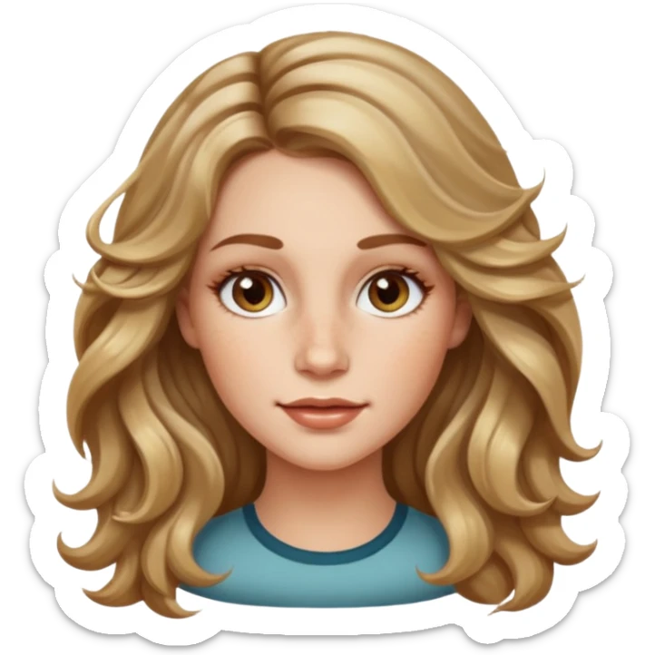 long dark Blond with highlights wavy hair white women, oval shape face hazel eyes long lashes little bit of freckles high cheek bones sticker