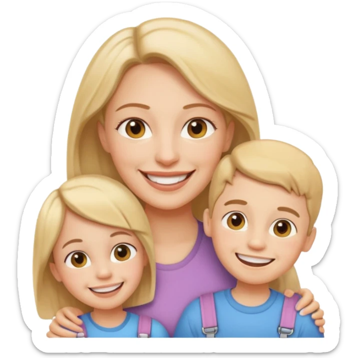 a mother smiling with two kids, all wearing braces, friendly emoji style sticker