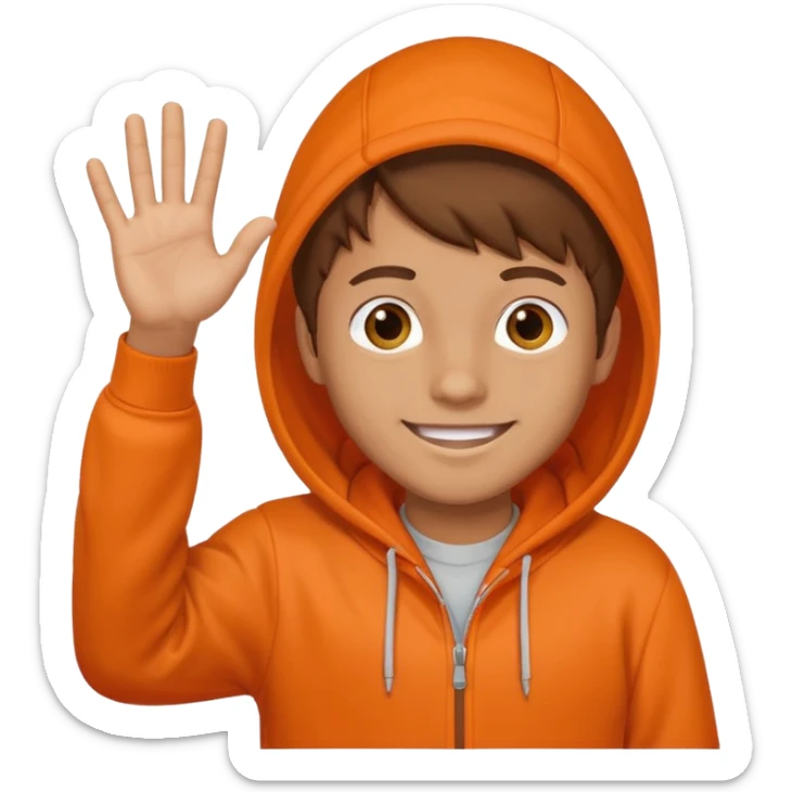 Brown hair boy in orange hoodie smiling and 
waving hi sticker